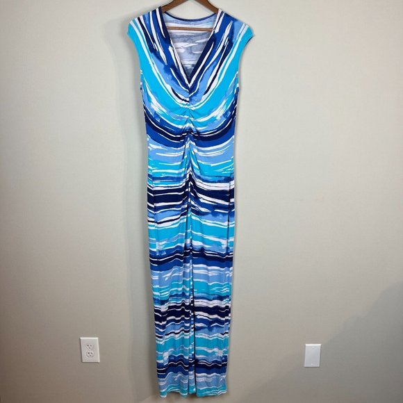 Tommy Bahama Dress Small Medium Maxi Blue White Stripe‎ Ruched V-Neck Sleeveless - Picture 1 of 11